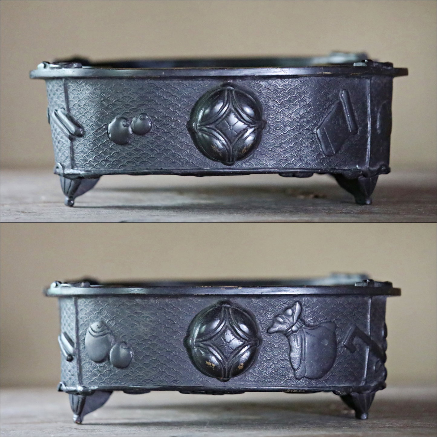 FINE! Japanese Antiques Lost Wax Bronze Basin 1890s weight shaped with dragon relief, SUIBAN, metal craft For IKEBANA W15×D10.6in/W38×D27cm