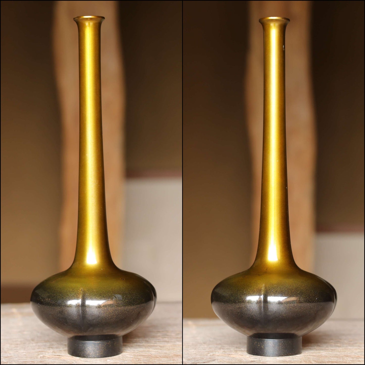 FINE! Japanese vintage beautiful yellow gold bronze vase Boke style, with Kanji signature for Tea ceremony, IKEBANA For gift H9.8in/25cm