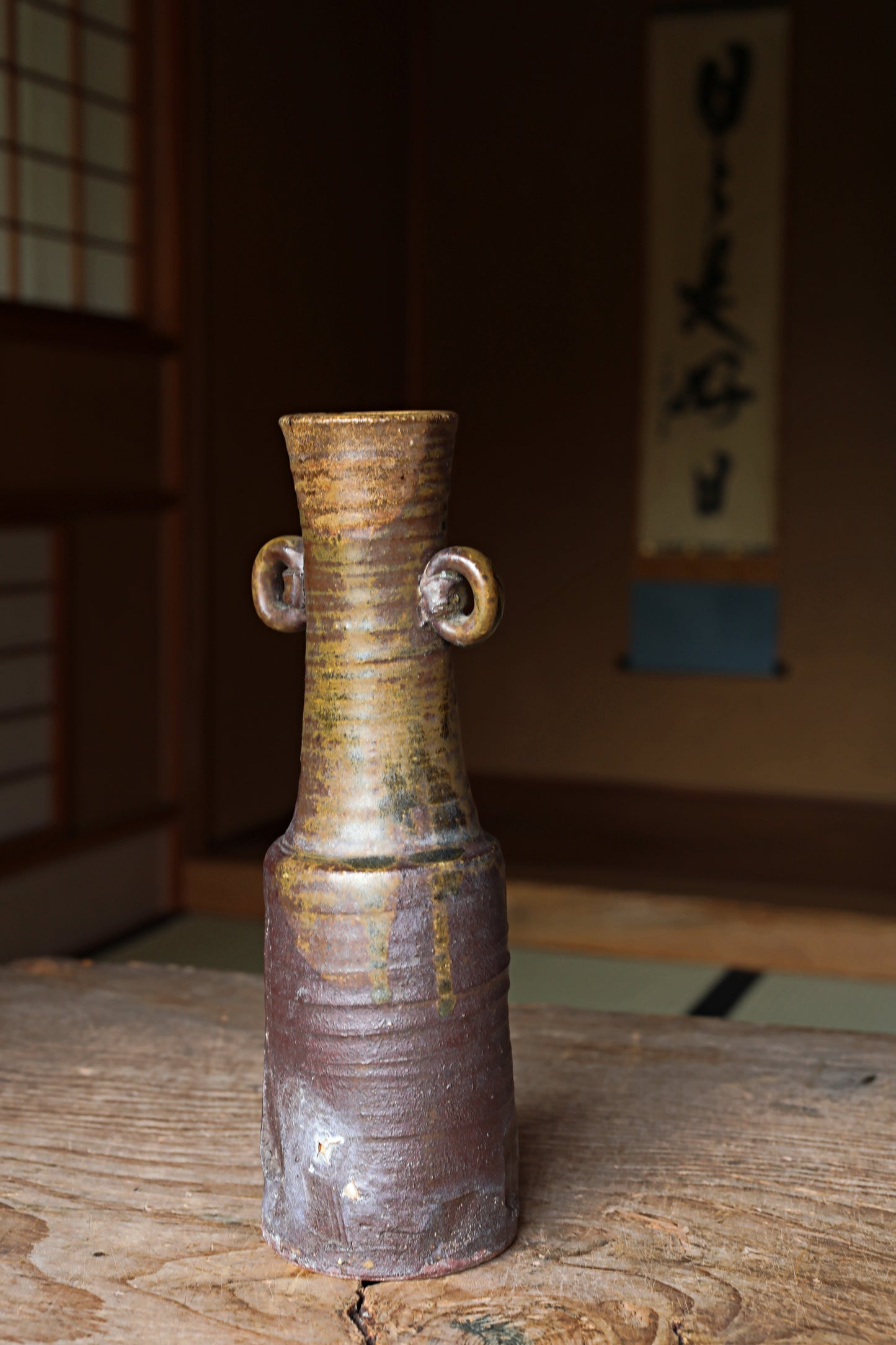 Japanese vintage BIZEN flower vase with ears ,Beautiful soil color with Kanji sign with box IKEBANA  For GIFT H10.8×3.1in/H27.5×8cm