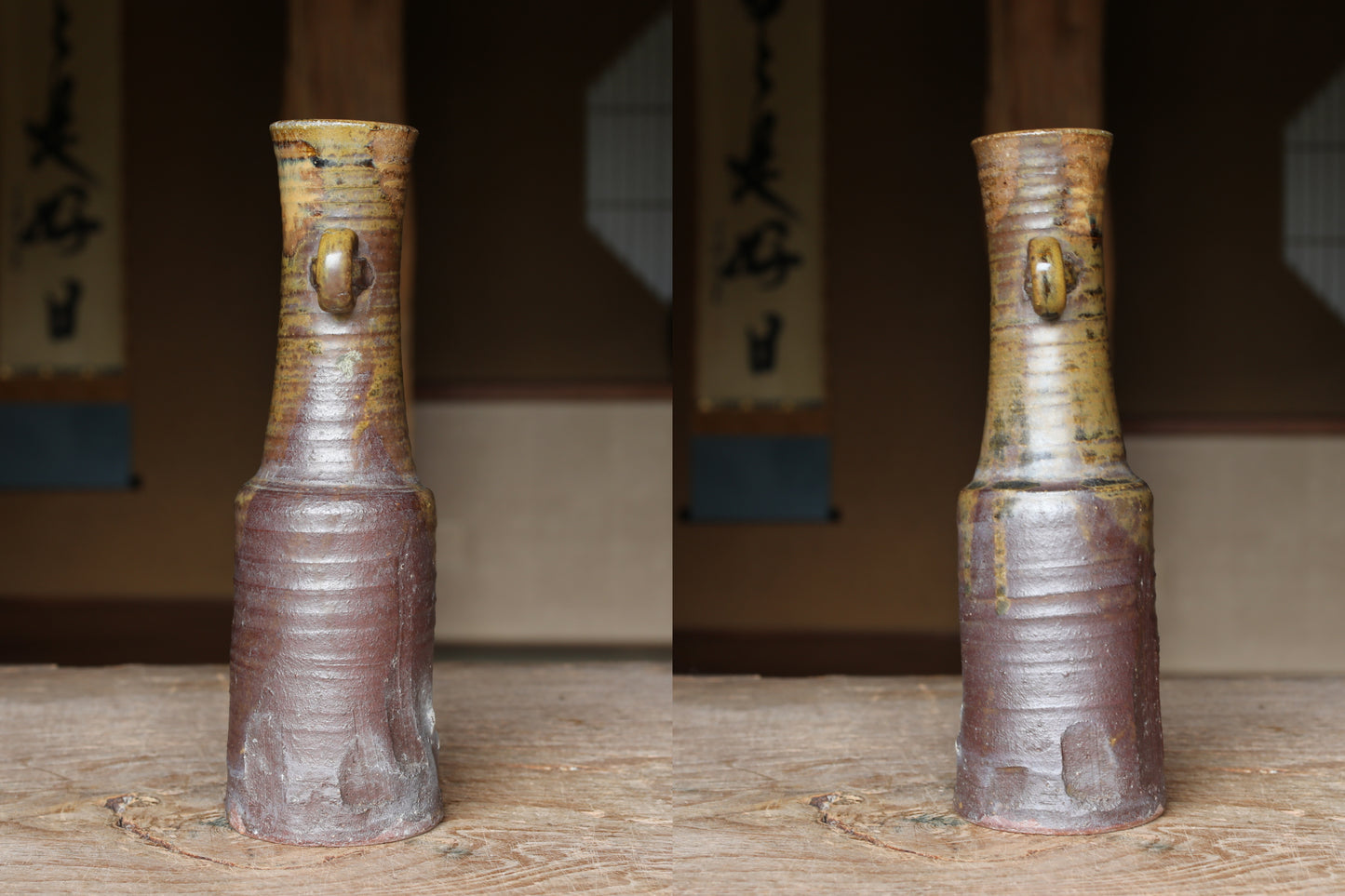 Japanese vintage BIZEN flower vase with ears ,Beautiful soil color with Kanji sign with box IKEBANA  For GIFT H10.8×3.1in/H27.5×8cm