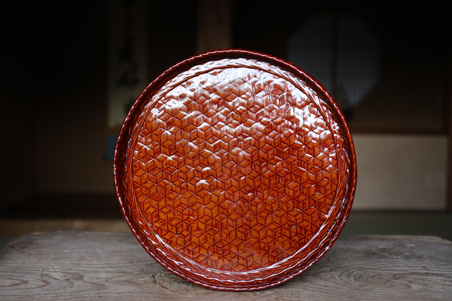 Japanese vintage beautiful round bamboo woven lacquered tray for Tea ceremony, Japanese traditional handcraft  H1.1xW14.3in/H2.7xW36.2cm