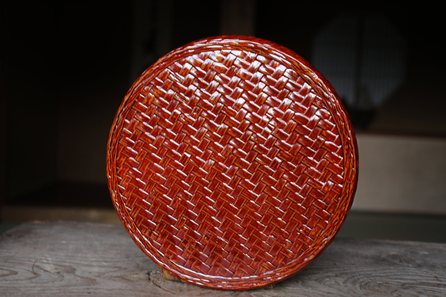 Japanese vintage beautiful round bamboo woven lacquered tray for Tea ceremony, Japanese traditional handcraft  H1.1xW14.3in/H2.7xW36.2cm