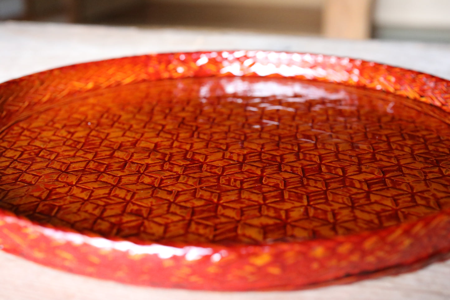 Japanese vintage beautiful round bamboo woven lacquered tray for Tea ceremony, Japanese traditional handcraft  H1.1xW14.3in/H2.7xW36.2cm