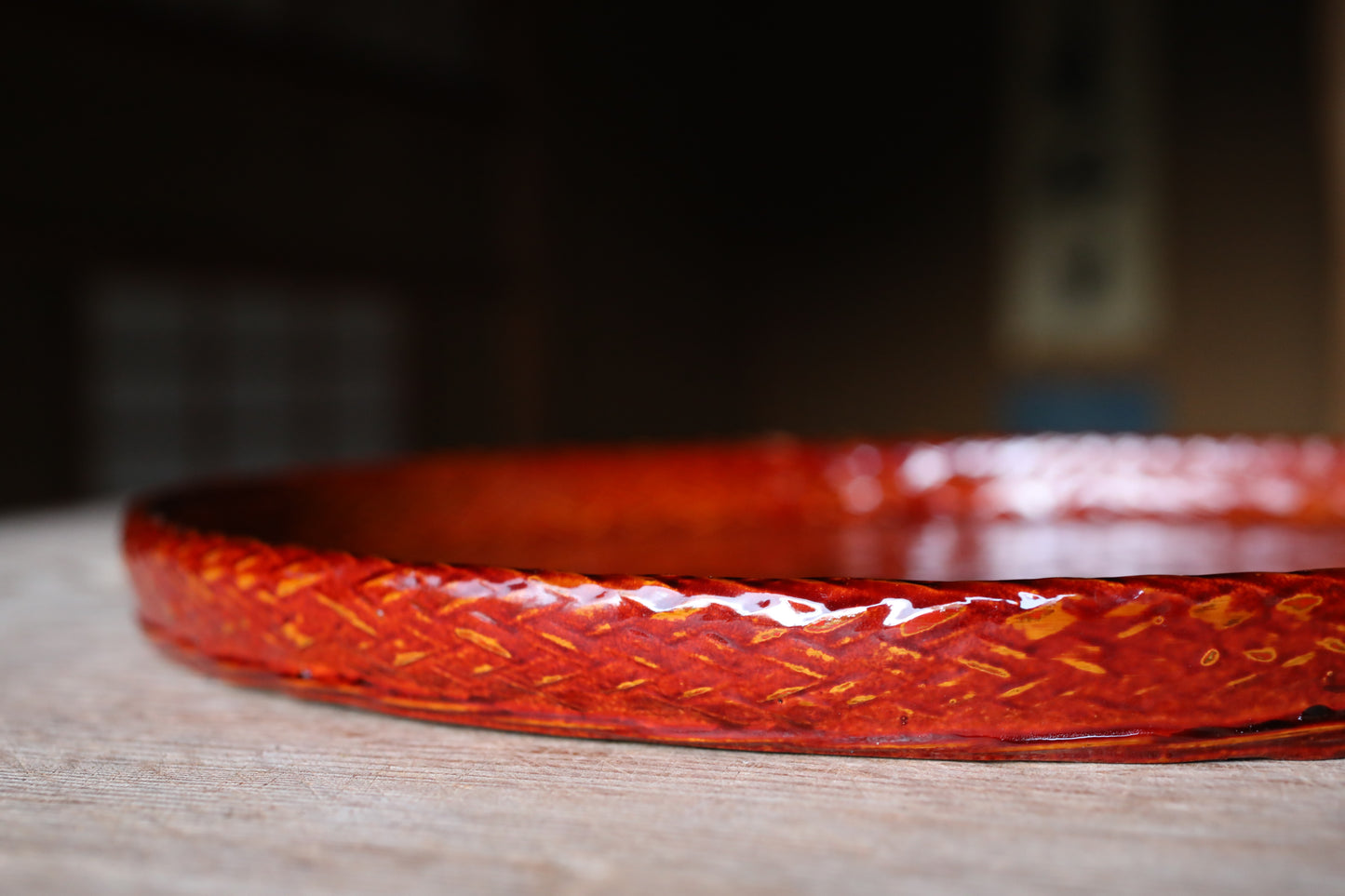 Japanese vintage beautiful round bamboo woven lacquered tray for Tea ceremony, Japanese traditional handcraft  H1.1xW14.3in/H2.7xW36.2cm