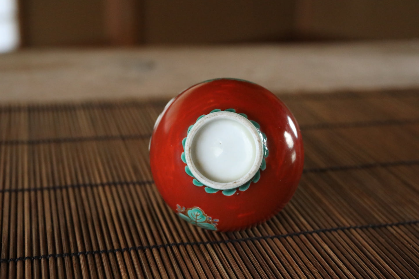 Japanese Antique Sake Cup, Kutani porcelain cup beautiful hand painting of chrysanthemum, late 19th century, wooden gift box  H1.3xW2.6in