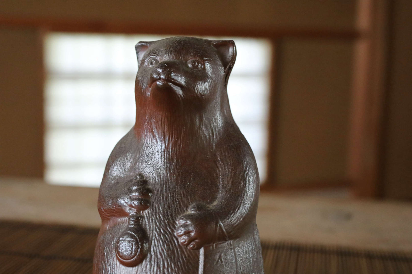 Vintage Bizen Pottery Raccoon Dog Sake Bottle, Japanese animal