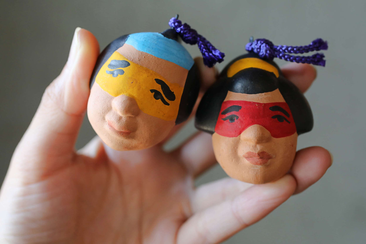 Japanese small pottery bell guys wearing masks ornament Paper weight, Christmas Ornaments Japanese vintage small bell H2in/H5cm