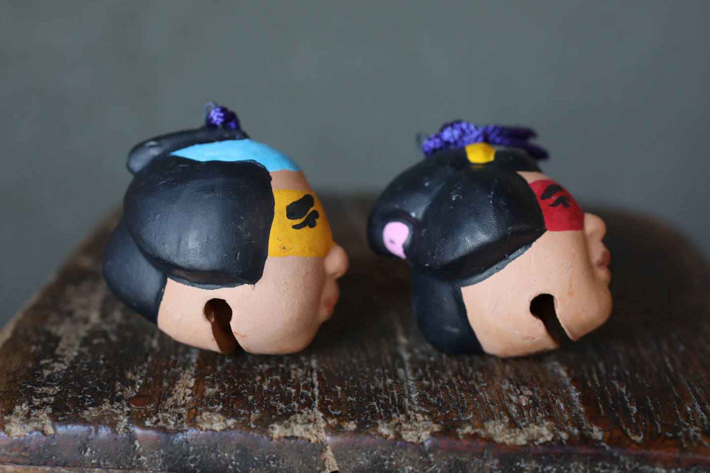 Japanese small pottery bell guys wearing masks ornament Paper weight, Christmas Ornaments Japanese vintage small bell H2in/H5cm