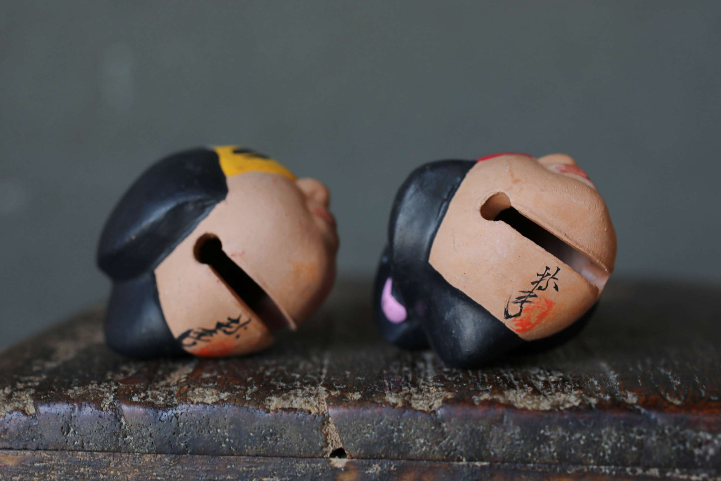 Japanese small pottery bell guys wearing masks ornament Paper weight, Christmas Ornaments Japanese vintage small bell H2in/H5cm