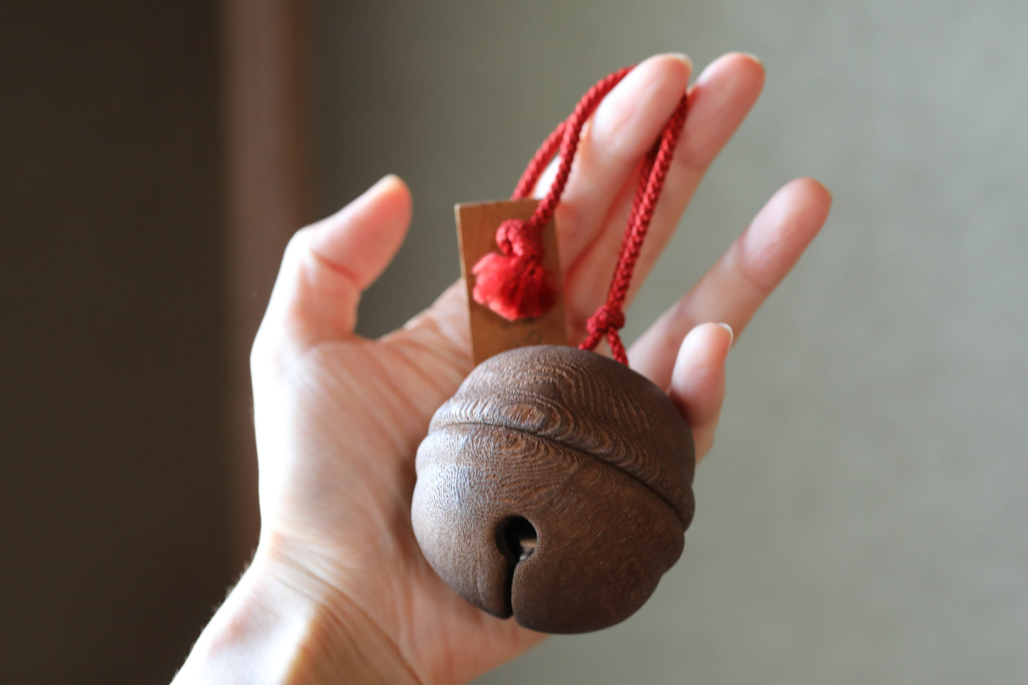 Japanese old small metal bell inside a wooden bell to ward off bears, Shinto shrine amulet H2.4in/H6cm