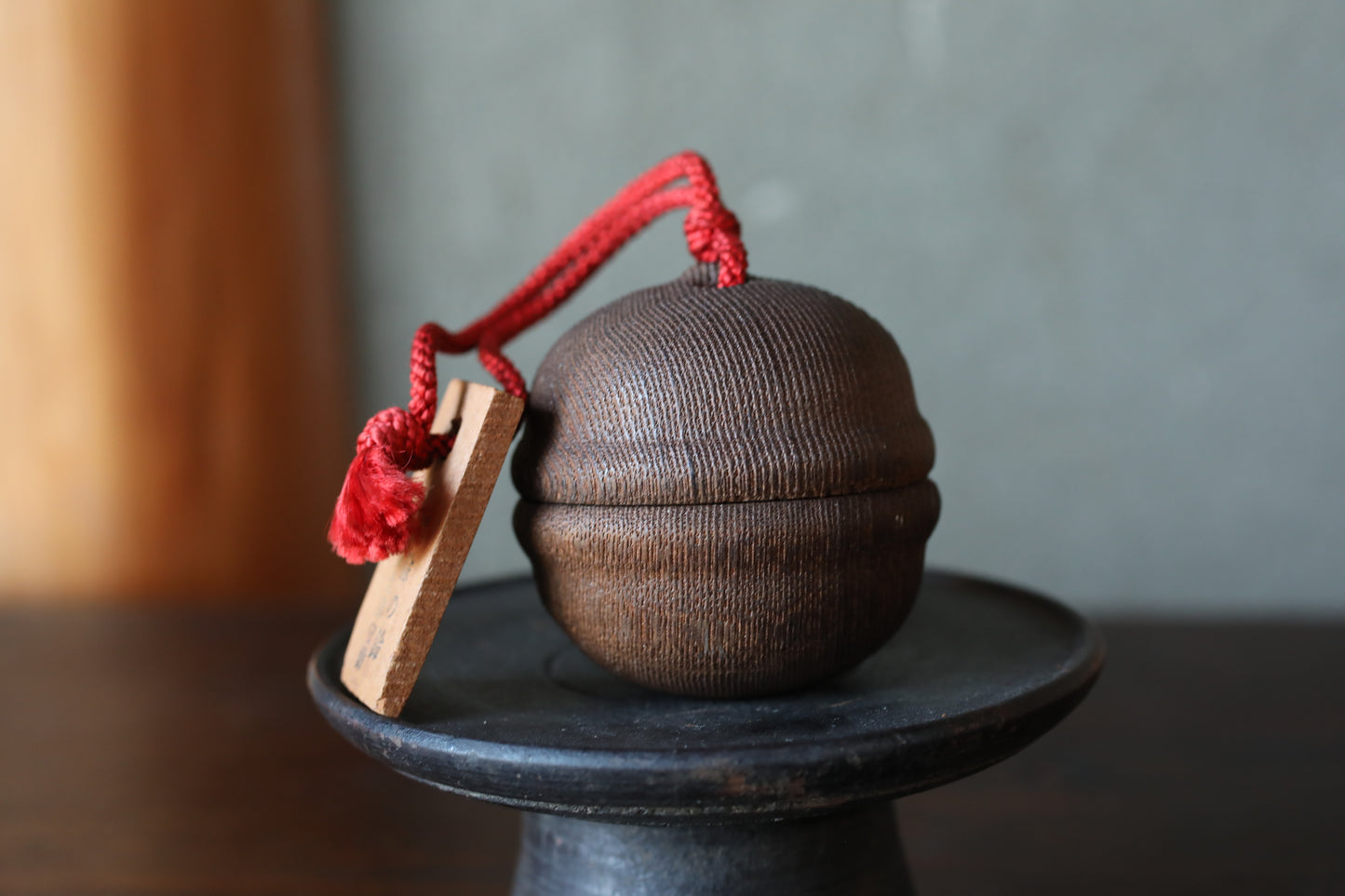 Japanese old small metal bell inside a wooden bell to ward off bears, Shinto shrine amulet H2.4in/H6cm