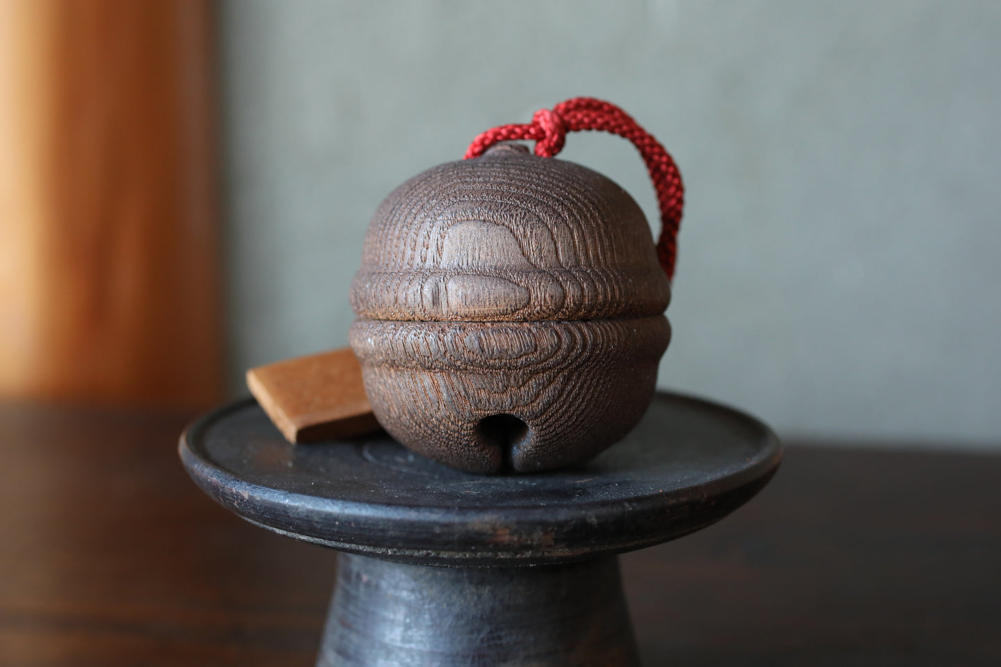 Japanese old small metal bell inside a wooden bell to ward off bears, Shinto shrine amulet H2.4in/H6cm