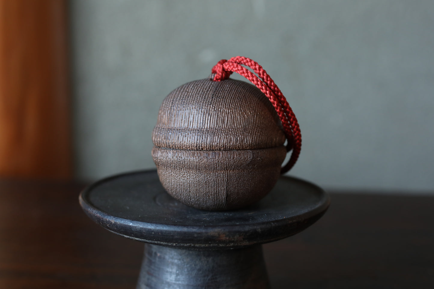 Japanese old small metal bell inside a wooden bell to ward off bears, Shinto shrine amulet H2.4in/H6cm