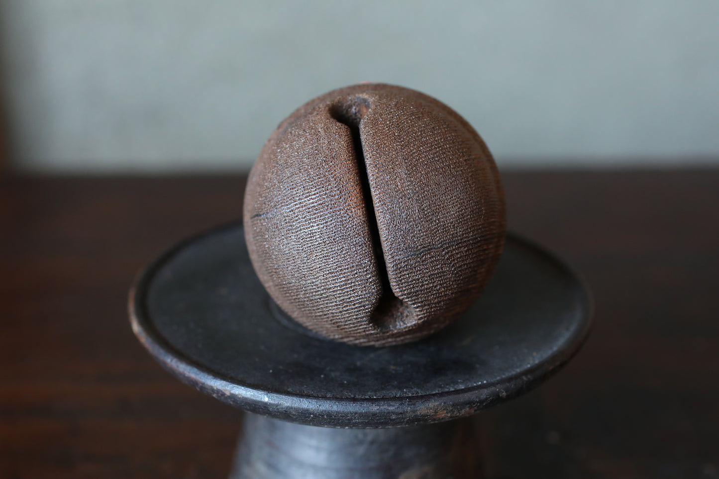 Japanese old small metal bell inside a wooden bell to ward off bears, Shinto shrine amulet H2.4in/H6cm