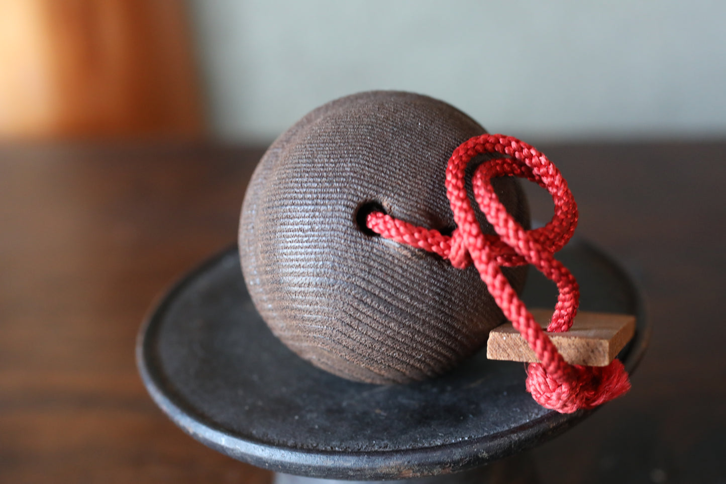 Japanese old small metal bell inside a wooden bell to ward off bears, Shinto shrine amulet H2.4in/H6cm