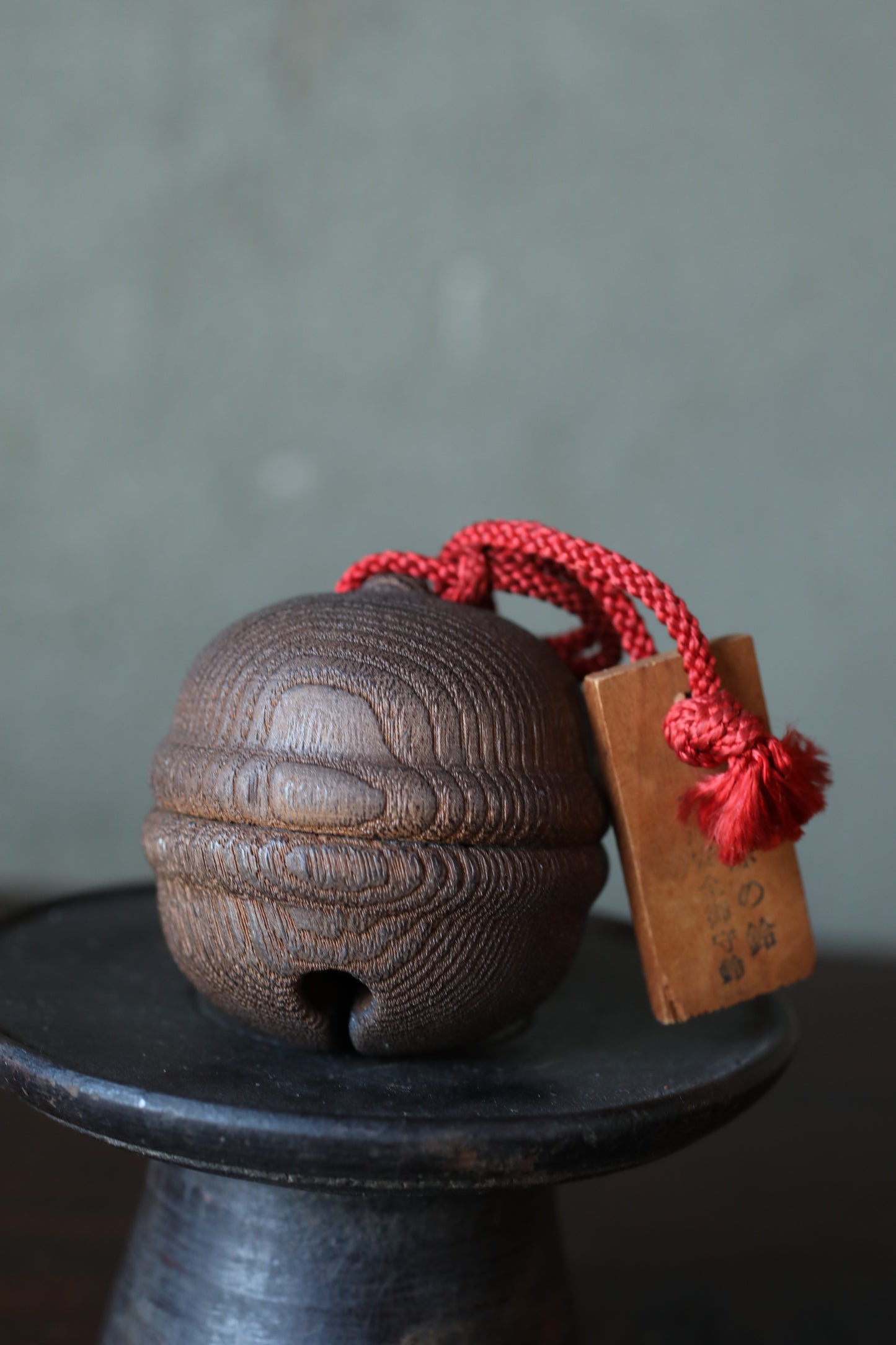 Japanese old small metal bell inside a wooden bell to ward off bears, Shinto shrine amulet H2.4in/H6cm