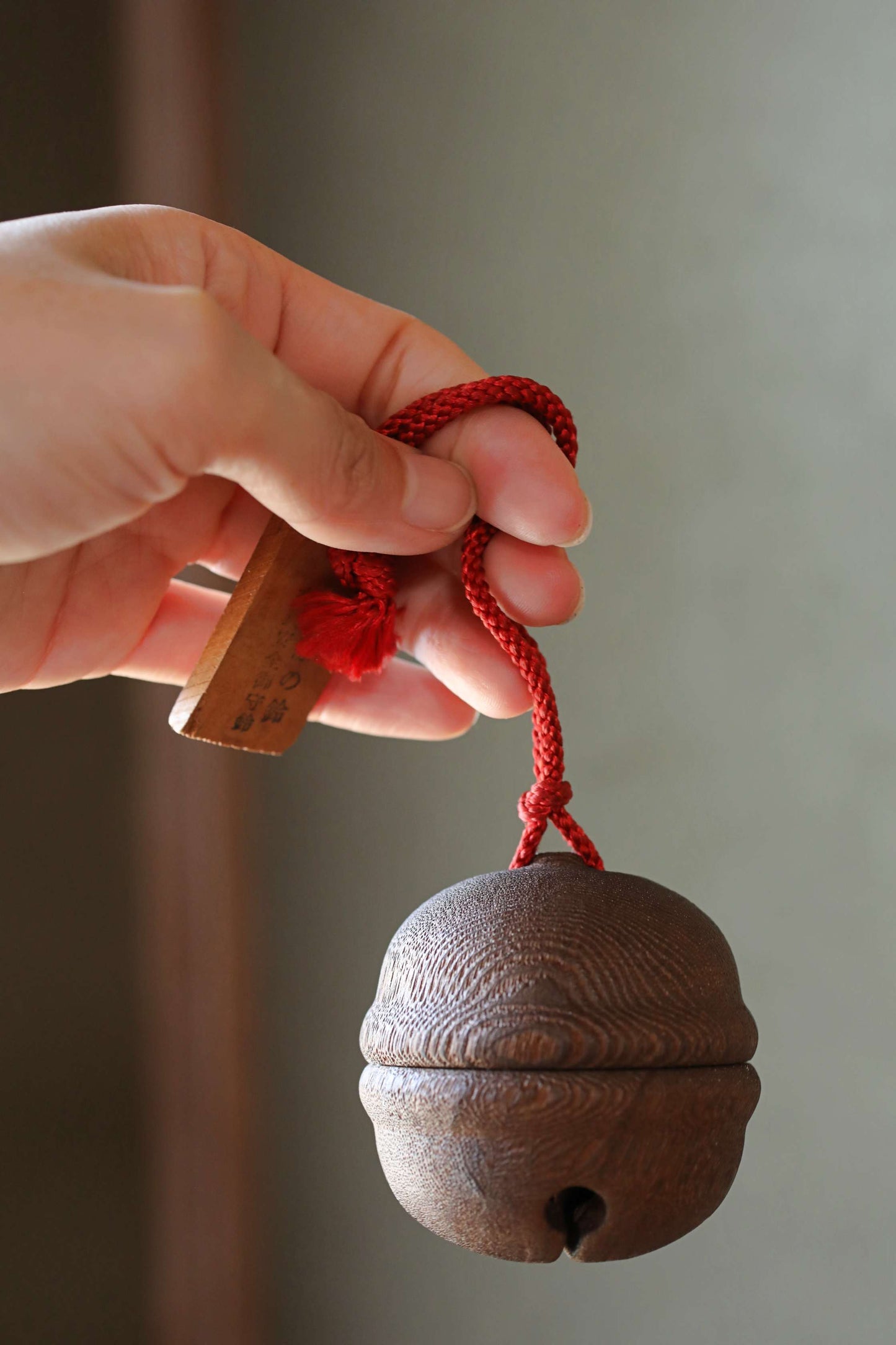 Japanese old small metal bell inside a wooden bell to ward off bears, Shinto shrine amulet H2.4in/H6cm