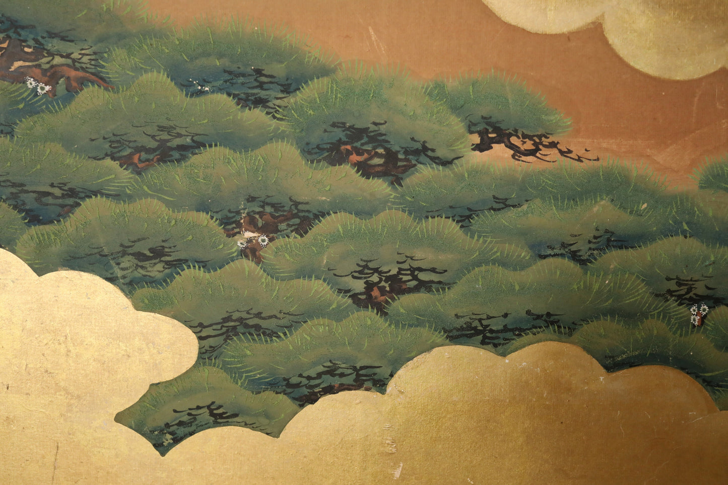FINE! Japanese antique furniture 1800s EDO Byobu wind screen hand painting, Real Gold Clouds with pine tree W74in/H188cm