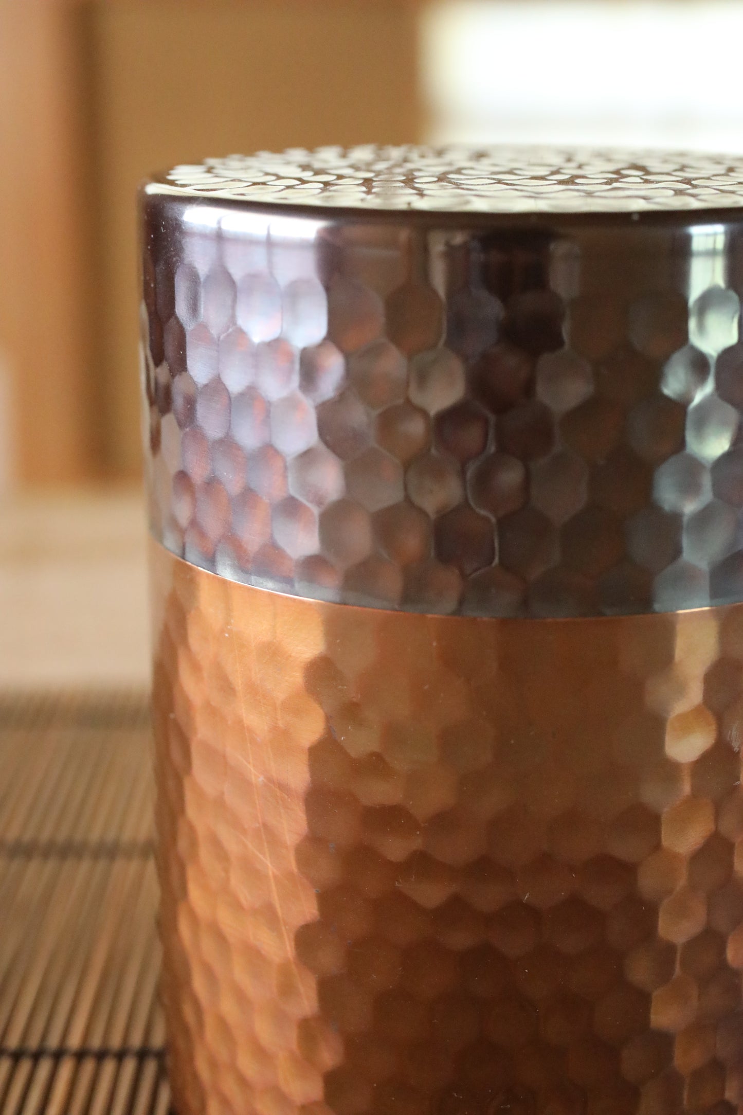 Japanese copperr tea caddy with signed, leaf canister with double lids, hand hammered , metal handcraft H4.8×3.5in/H12.2×9cm