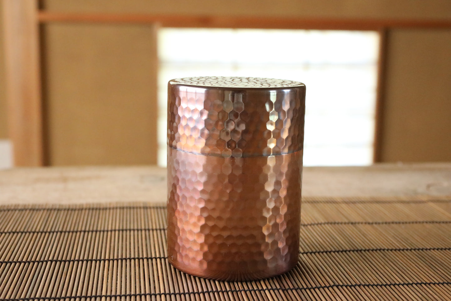 Japanese copperr tea caddy with signed, leaf canister with double lids, hand hammered , metal handcraft H4.8×3.5in/H12.2×9cm