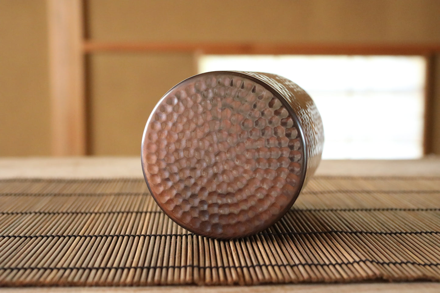 Japanese copperr tea caddy with signed, leaf canister with double lids, hand hammered , metal handcraft H4.8×3.5in/H12.2×9cm