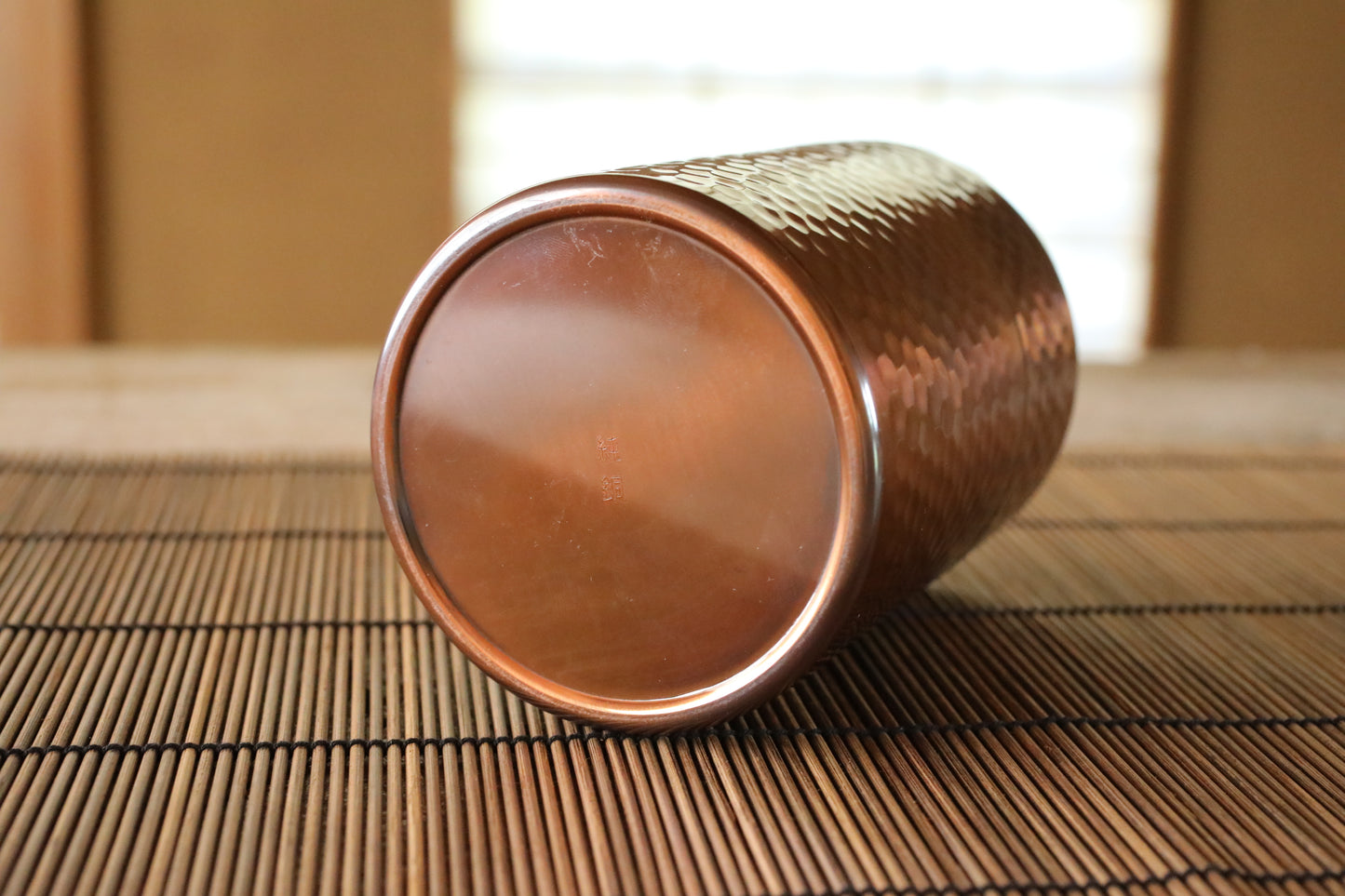 Japanese copperr tea caddy with signed, leaf canister with double lids, hand hammered , metal handcraft H4.8×3.5in/H12.2×9cm