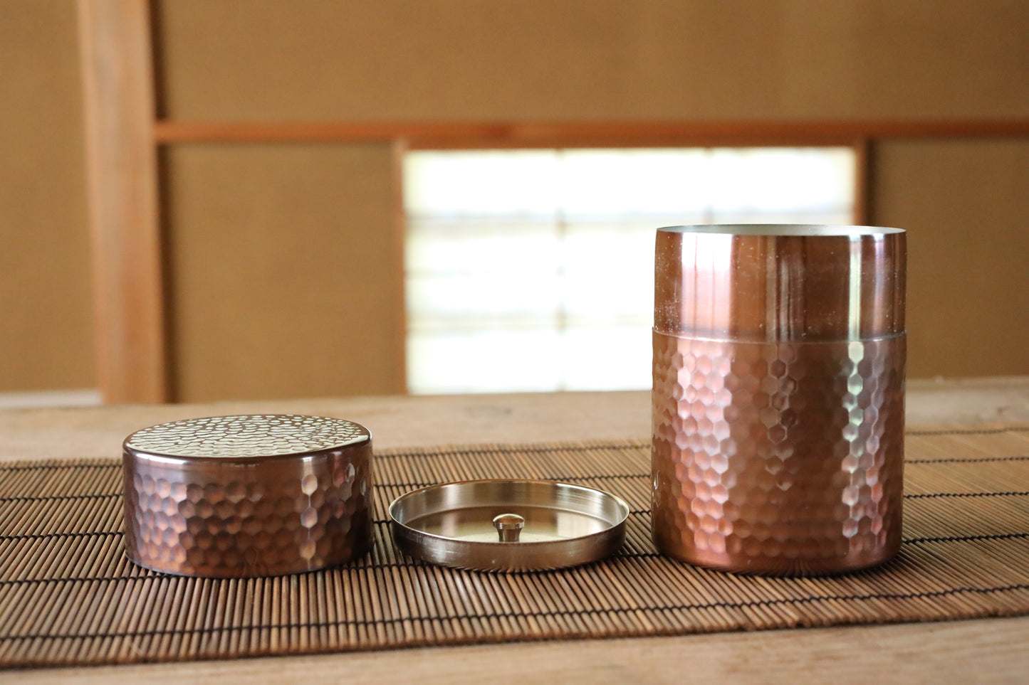 Japanese copperr tea caddy with signed, leaf canister with double lids, hand hammered , metal handcraft H4.8×3.5in/H12.2×9cm