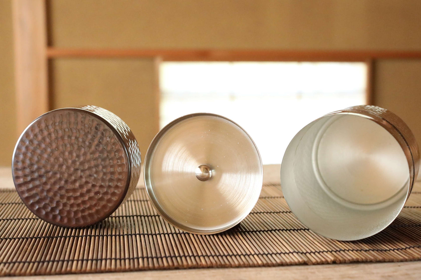 Japanese copperr tea caddy with signed, leaf canister with double lids, hand hammered , metal handcraft H4.8×3.5in/H12.2×9cm