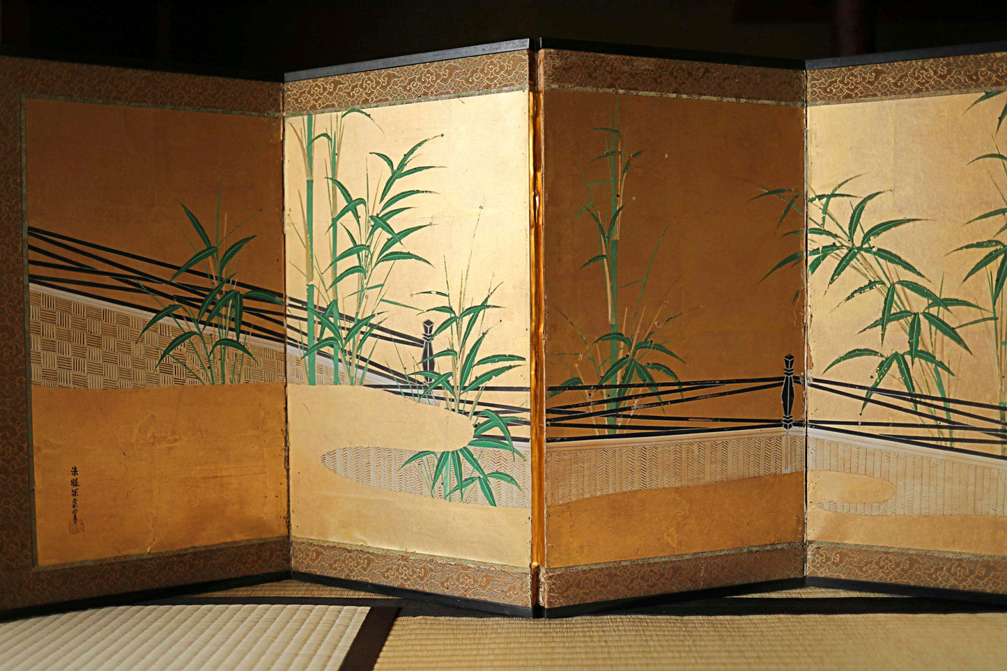 FINE! Japanese antique furniture 1700s EDO Byobu wind screen hand painting, Real Gold background with bamboo with sign W55.1in/H140cm