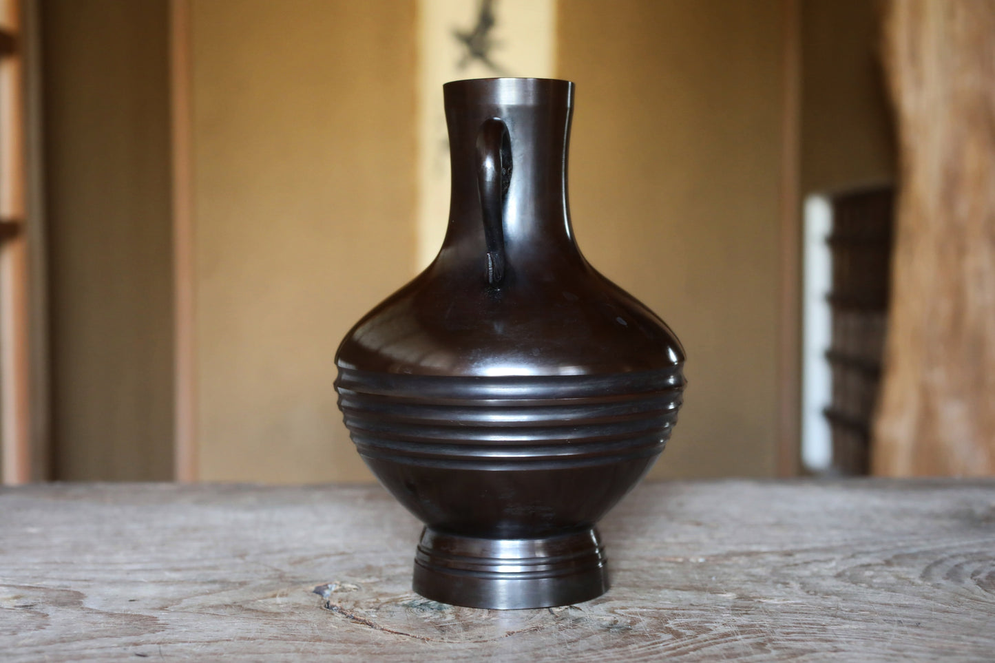 FINE! Japanese vintage 1960s Bronze flower vase dark brown with beautiful dragons ears with 天龍  sign furniture H9.4in/H24cm