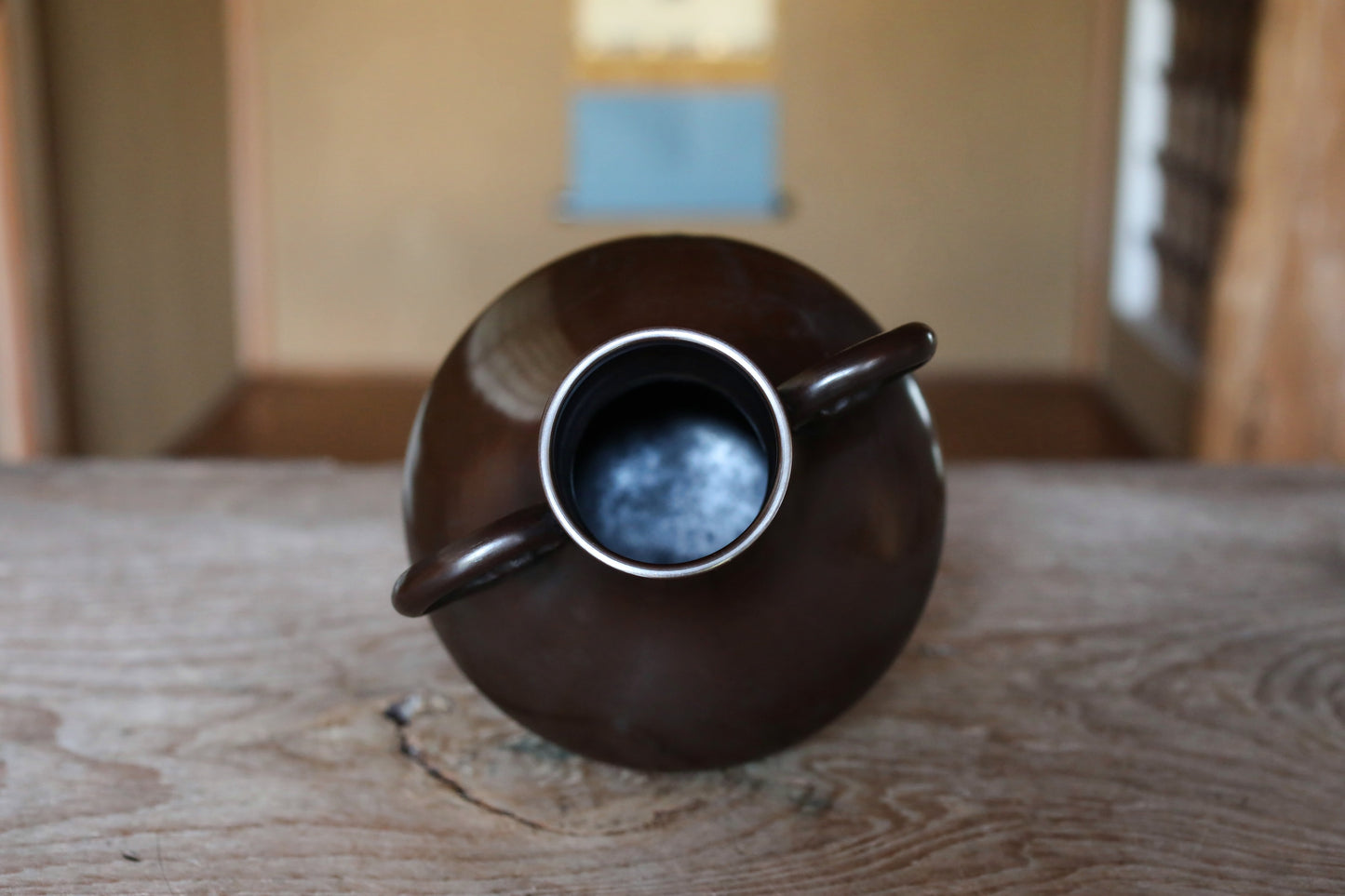 FINE! Japanese vintage 1960s Bronze flower vase dark brown with beautiful dragons ears with 天龍  sign furniture H9.4in/H24cm