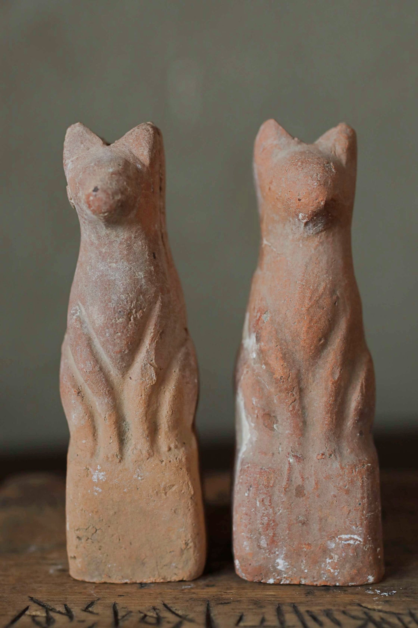 Japanese Antique 1910s pair of KITSUNE dolls Pottery from Shinto shrine Altar Foxes art Japanese guardian deity Okimono H3.5in/9cm