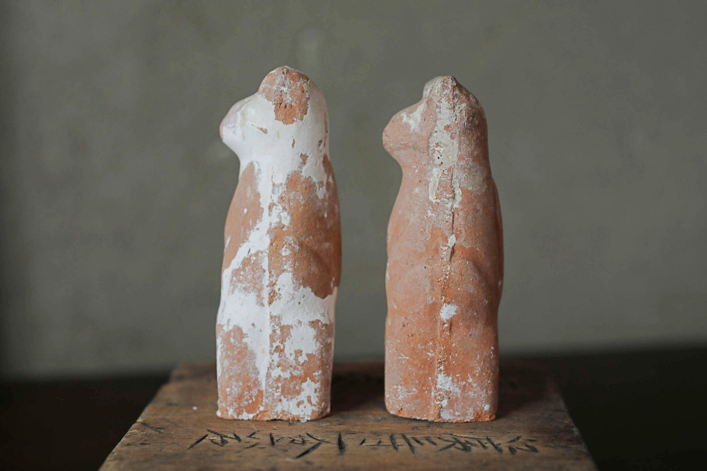 Japanese Antique 1910s pair of KITSUNE dolls Pottery from Shinto shrine Altar Foxes art Japanese guardian deity Okimono H3.5in/9cm