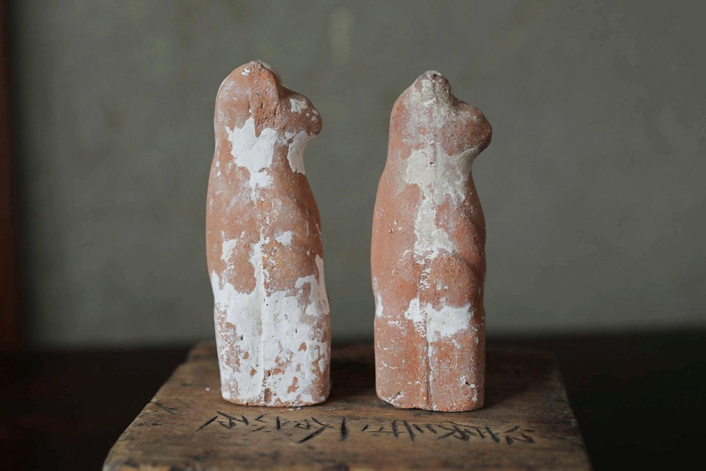 Japanese Antique 1910s pair of KITSUNE dolls Pottery from Shinto shrine Altar Foxes art Japanese guardian deity Okimono H3.5in/9cm