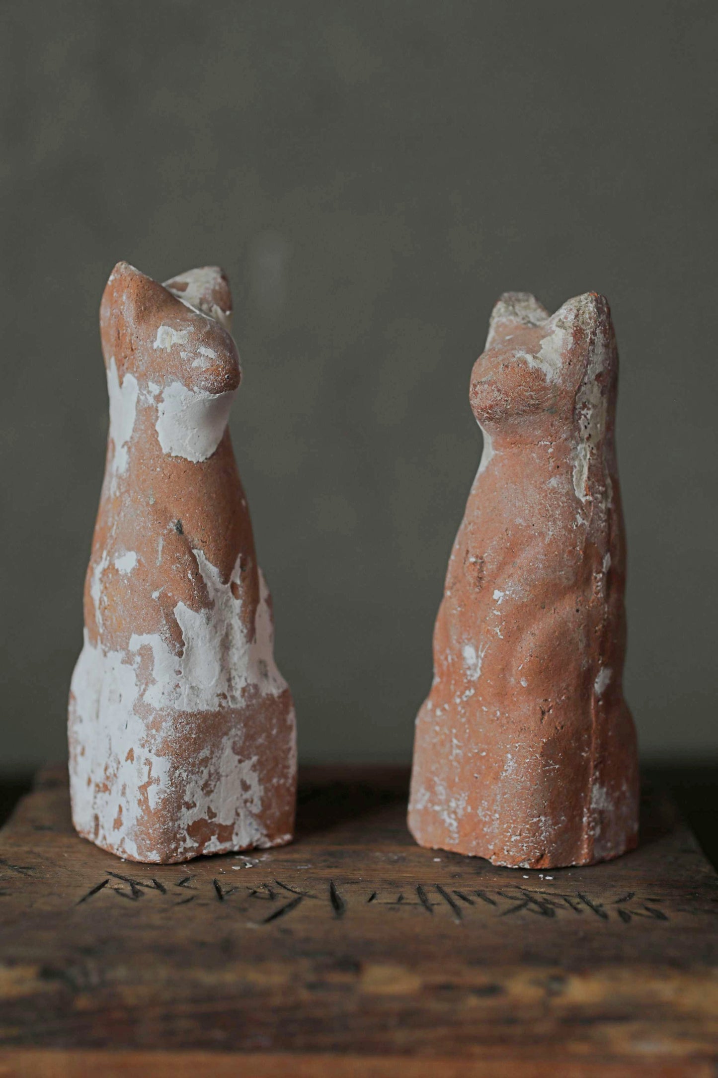 Japanese Antique 1910s pair of KITSUNE dolls Pottery from Shinto shrine Altar Foxes art Japanese guardian deity Okimono H3.5in/9cm