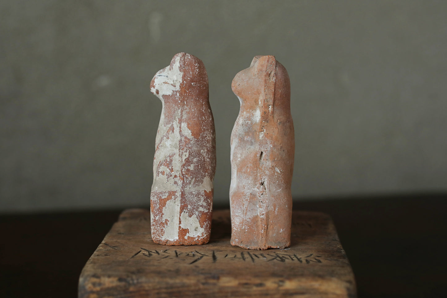 Japanese Antique 1910s pair of KITSUNE dolls Pottery from Shinto shrine Altar Foxes art Japanese guardian deity Okimono H3.5in/9cm