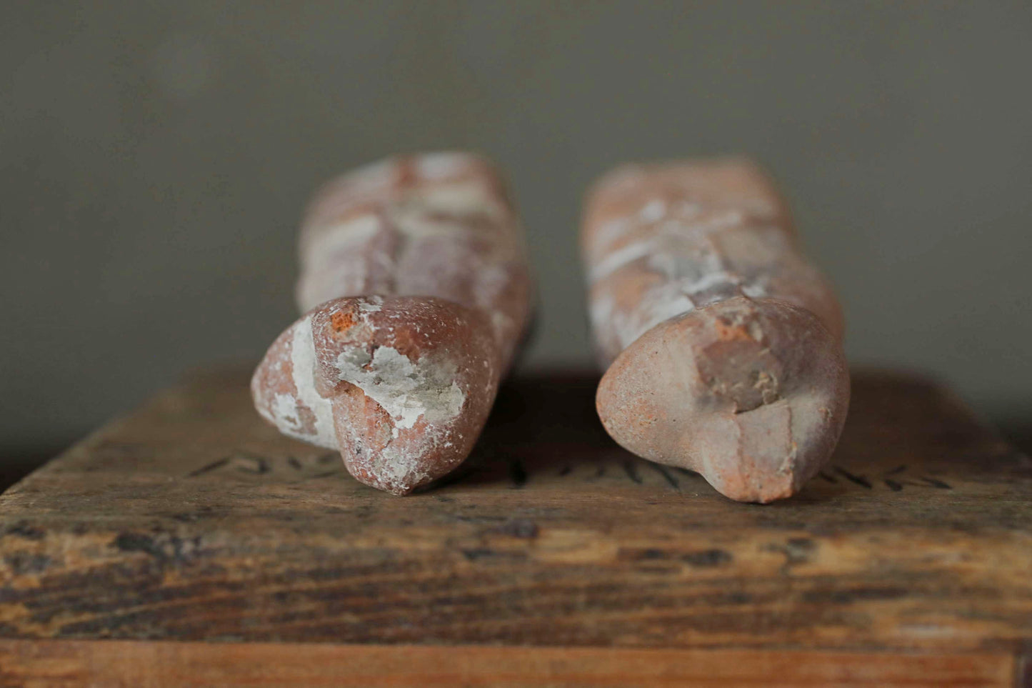 Japanese Antique 1910s pair of KITSUNE dolls Pottery from Shinto shrine Altar Foxes art Japanese guardian deity Okimono H3.5in/9cm