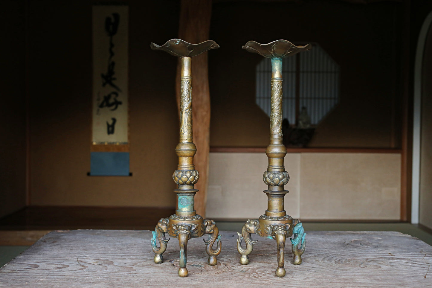 Large! Pair of Japanese Antique Brass candlestick Buddhist temple candle stand metal craft with dragons lions Lotus with sign H16.5in/H42cm