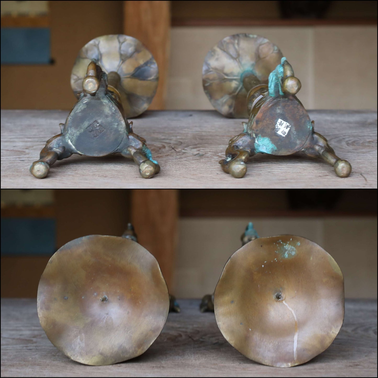 Large! Pair of Japanese Antique Brass candlestick Buddhist temple candle stand metal craft with dragons lions Lotus with sign H16.5in/H42cm