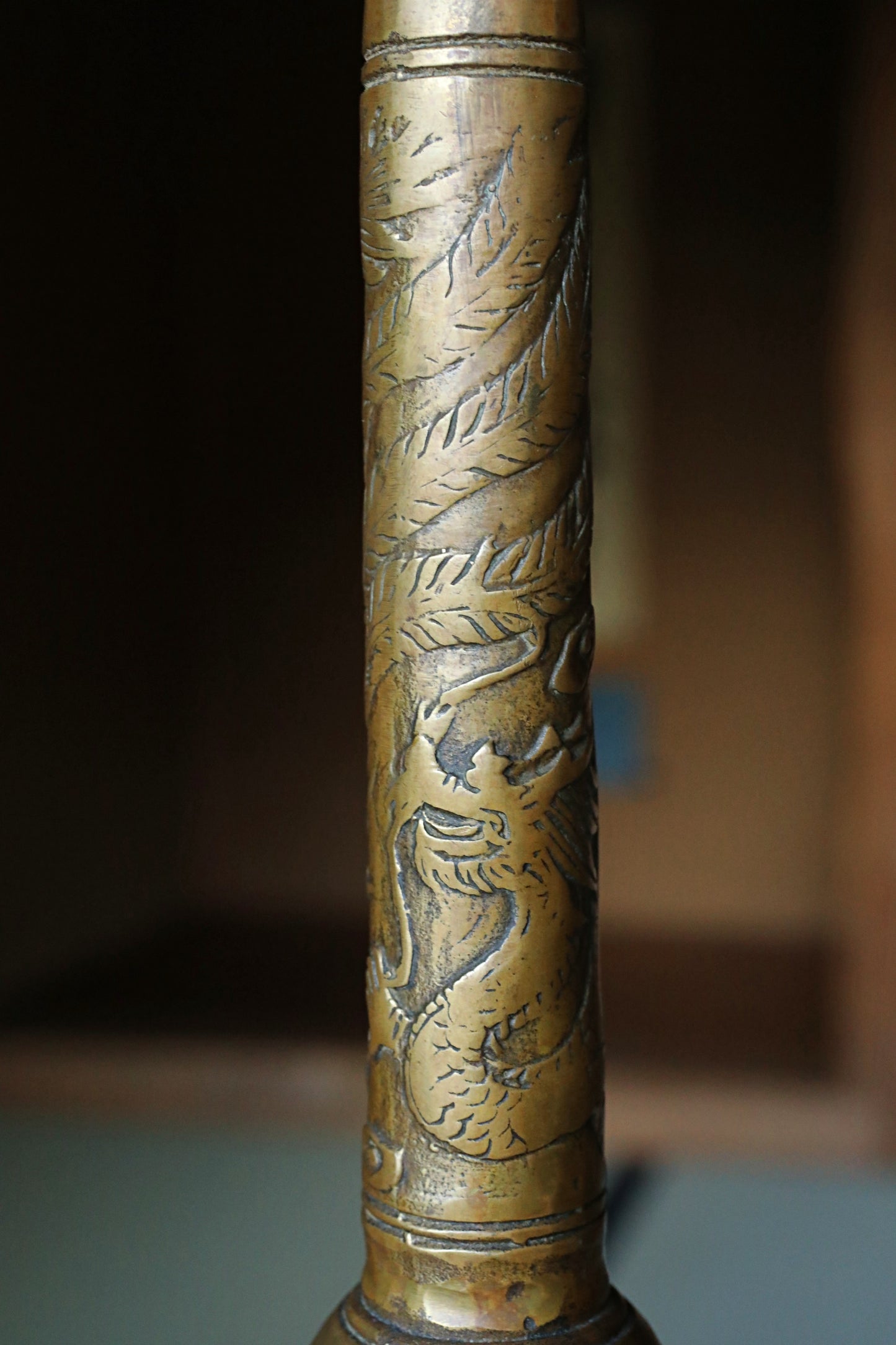 Large! Pair of Japanese Antique Brass candlestick Buddhist temple candle stand metal craft with dragons lions Lotus with sign H16.5in/H42cm