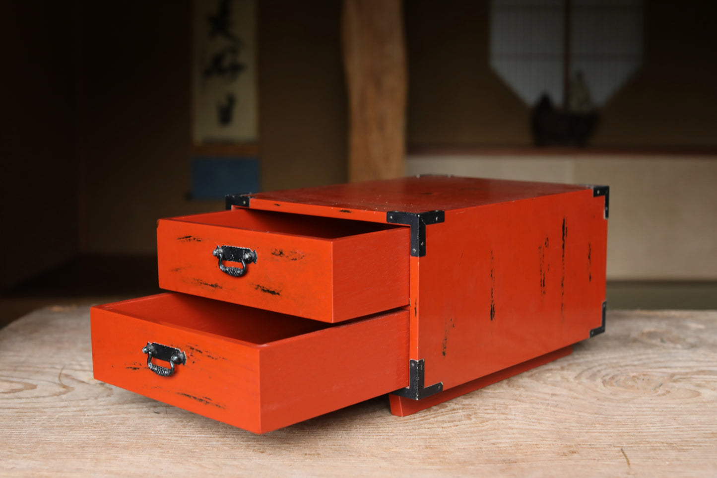 Japanese vintage furniture Small lacquer Chest of drawers "tansu" red & black urushi lacquer wood hand craft H6.7×W8.7×11.8in/H17×22×30cm