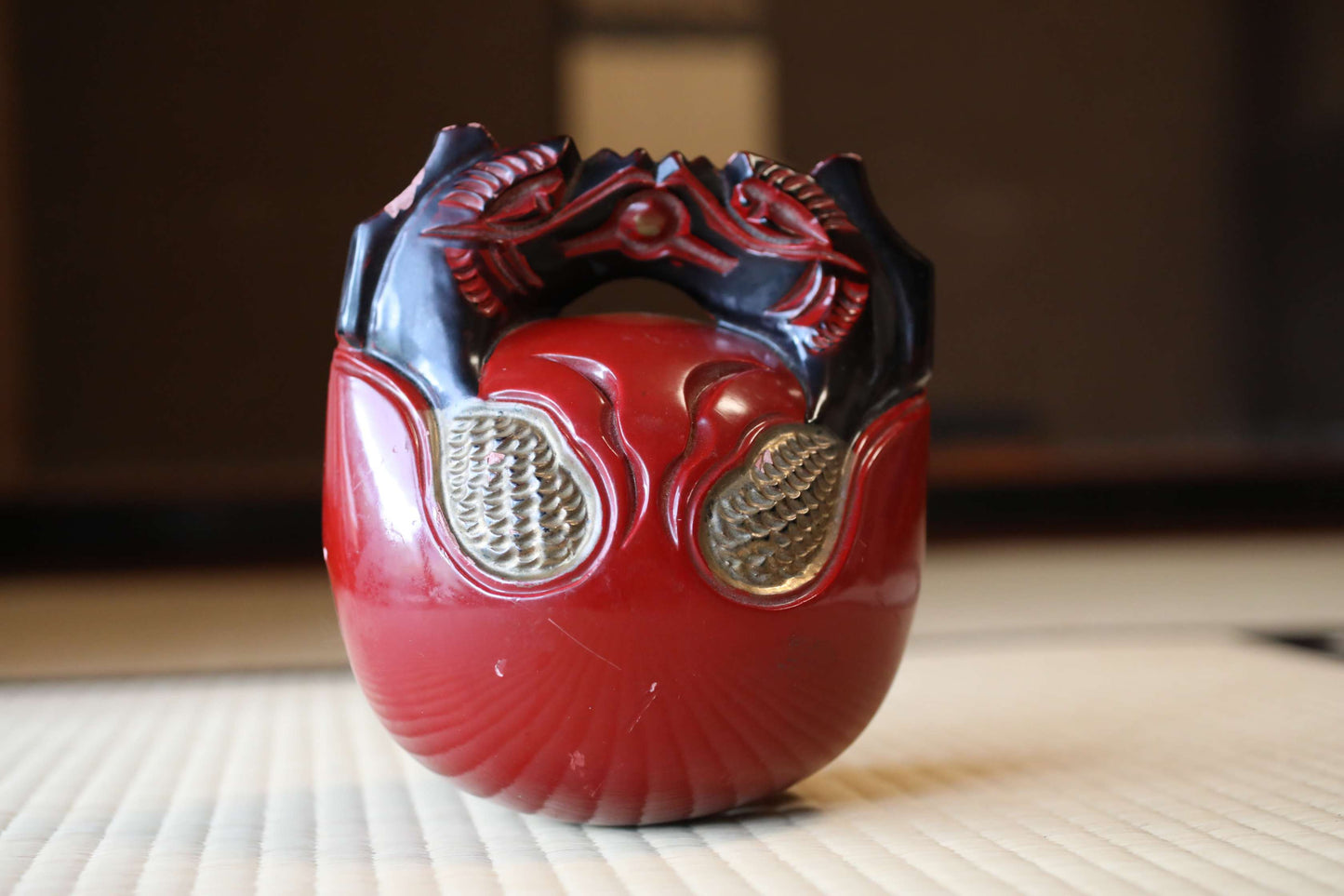 Wooden Fish drum gong"mokugyo" Buddhist tools red, black, gold lacquer with stick Japanese Chanting Musical Drum ornament H7.3in/H18.5cm