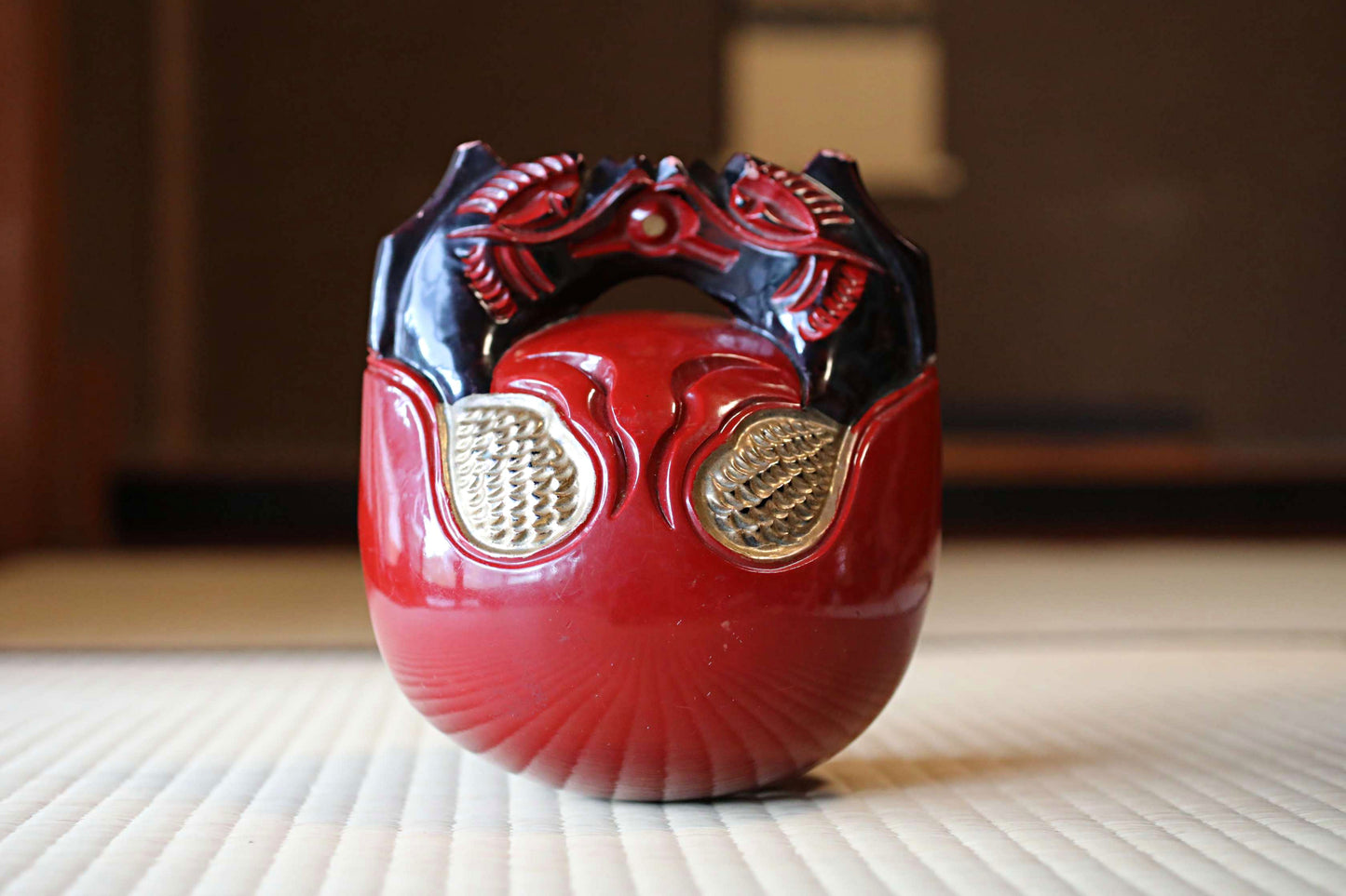 Wooden Fish drum gong"mokugyo" Buddhist tools red, black, gold lacquer with stick Japanese Chanting Musical Drum ornament H7.3in/H18.5cm