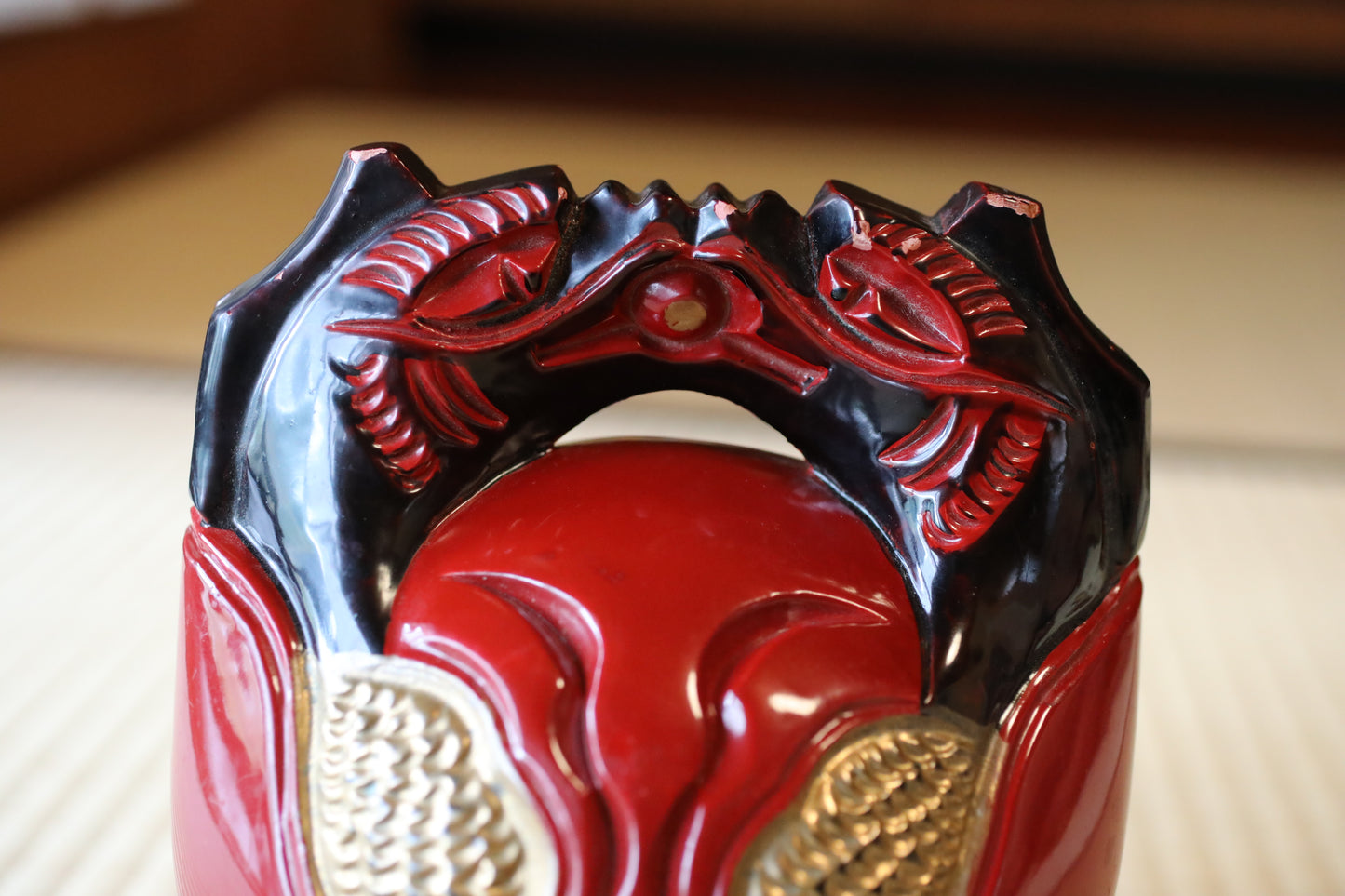 Wooden Fish drum gong"mokugyo" Buddhist tools red, black, gold lacquer with stick Japanese Chanting Musical Drum ornament H7.3in/H18.5cm