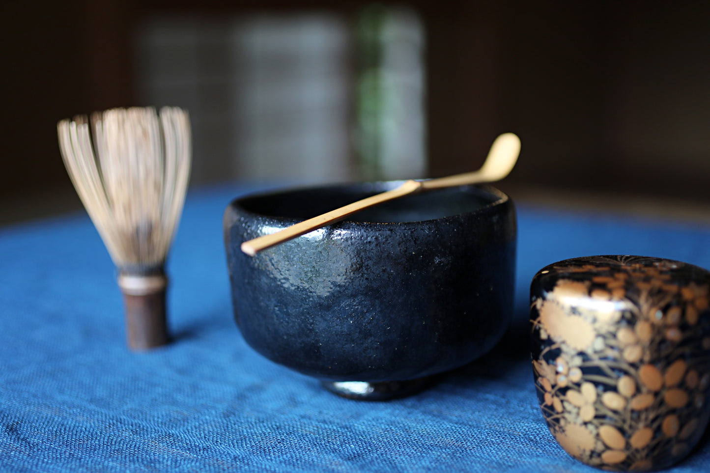 Matcha tea bowl Japanese Black 楽RAKU CHAWAN signature handmade Tea Cup Tea Ceremony pottery with box W4.8in/W12.3cm