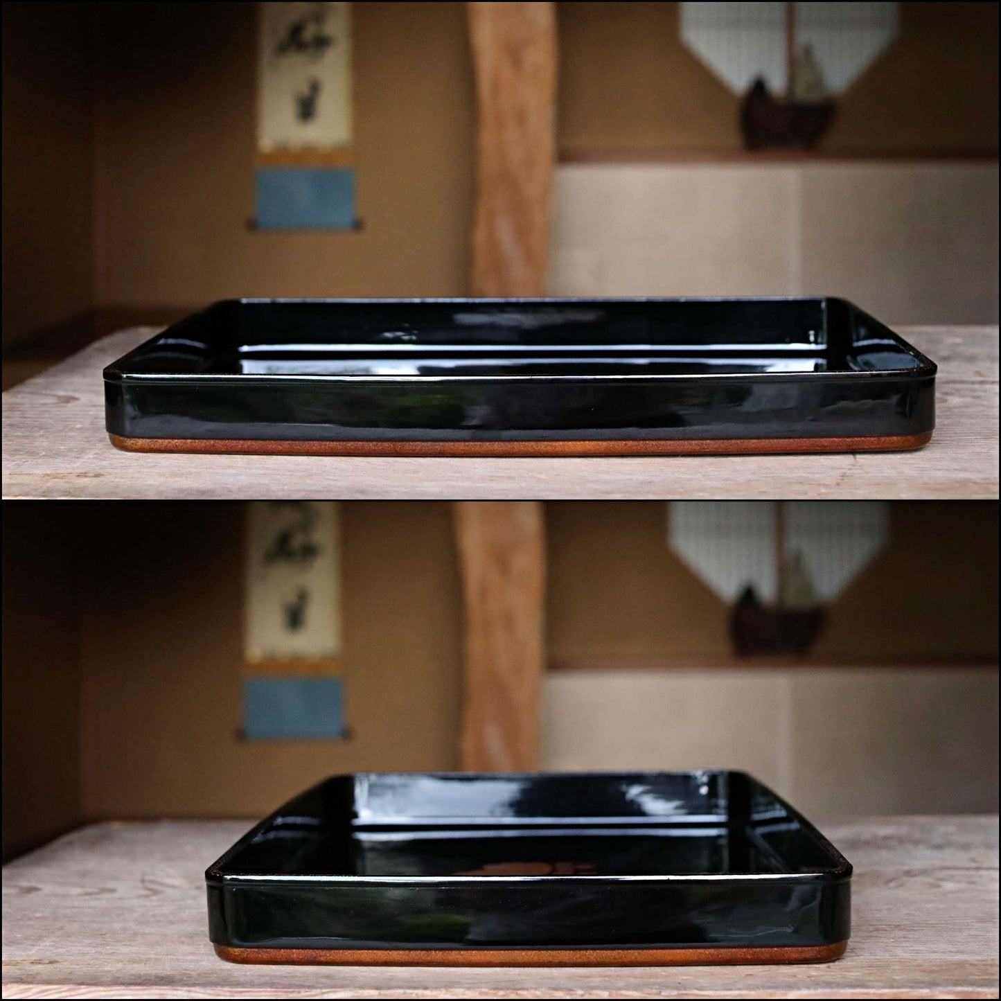 FINE! Japanese URUSHI lacquer Large tray OBON black gold Paulownia flower Family crest beautiful wooden Tea ceremony 21.3×15.1in/54.2×38cm
