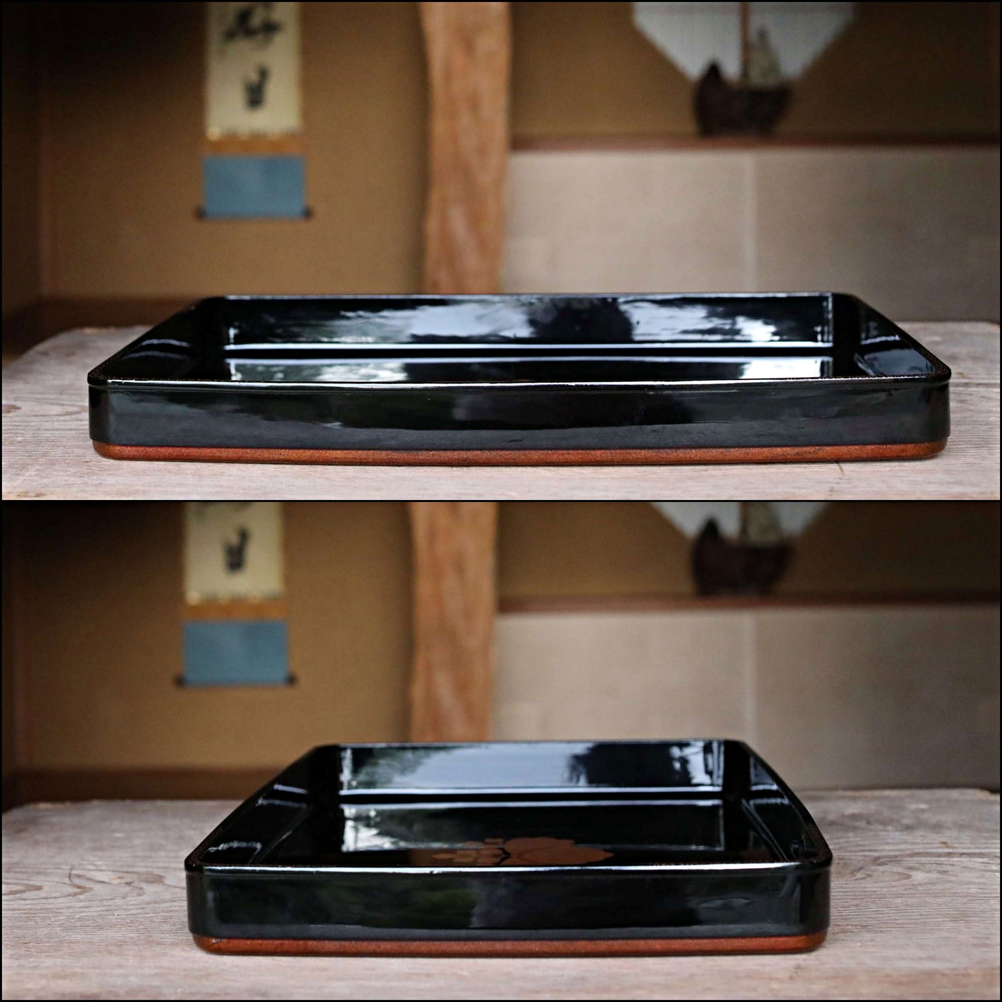 FINE! Japanese URUSHI lacquer Large tray OBON black gold Paulownia flower Family crest beautiful wooden Tea ceremony 21.3×15.1in/54.2×38cm