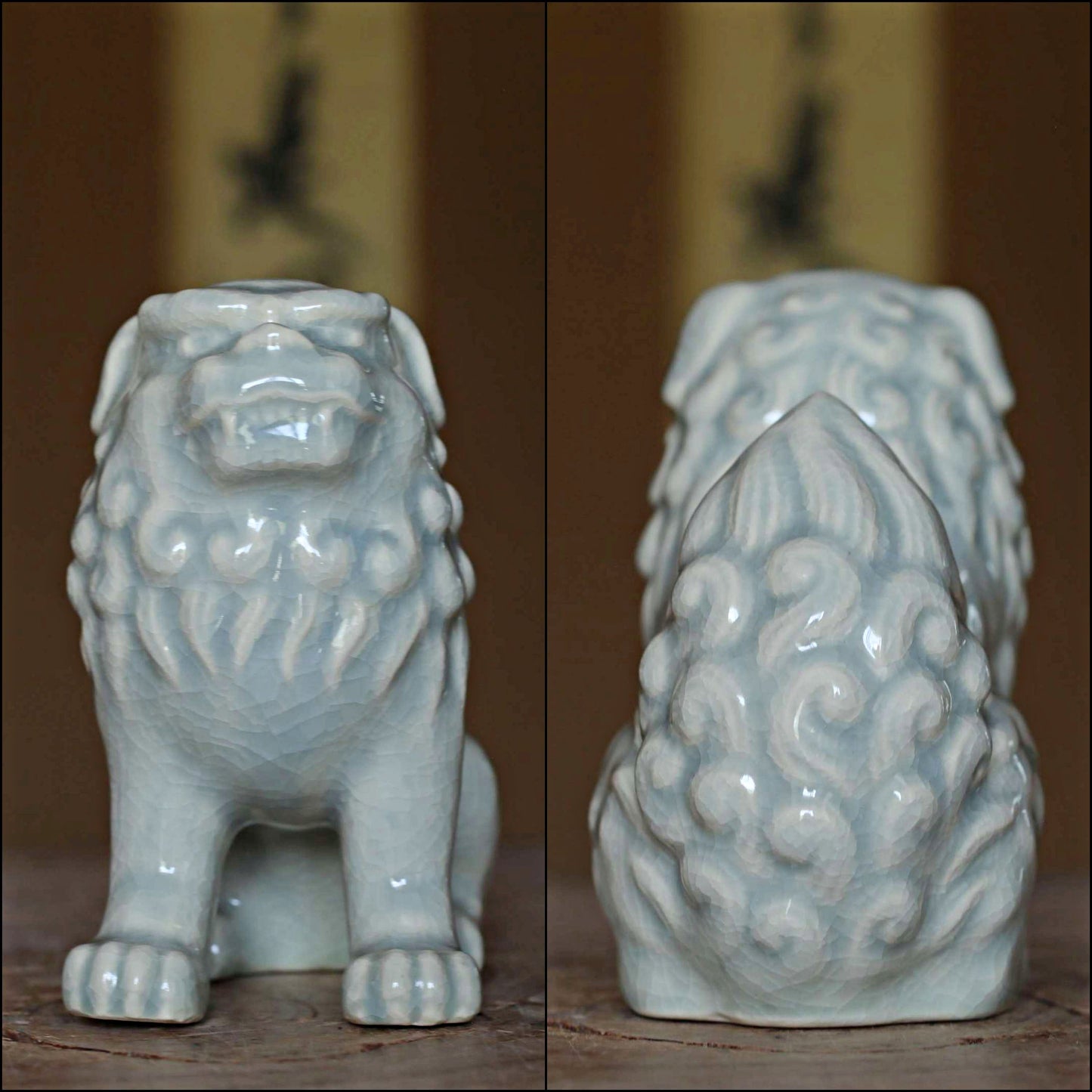 Japanese vintage dolls celadon porcelain with singed, Shinto shrine Lion Komainu, lion ceramic ornament 1970s H5.3×5.5in/H13.5×14cm