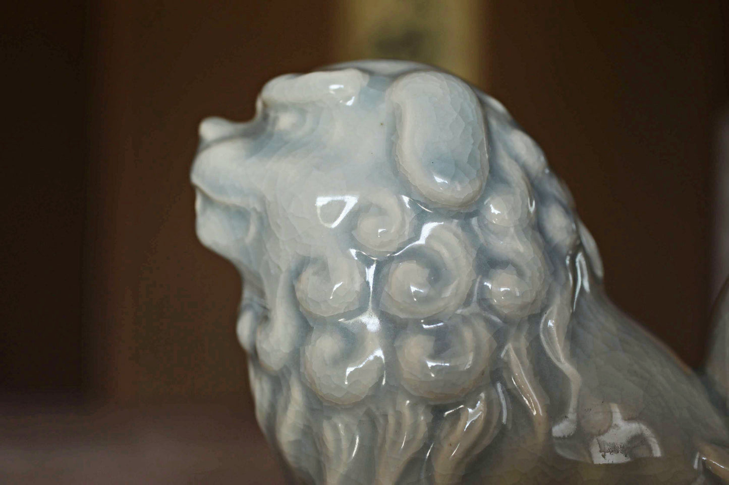 Japanese vintage dolls celadon porcelain with singed, Shinto shrine Lion Komainu, lion ceramic ornament 1970s H5.3×5.5in/H13.5×14cm