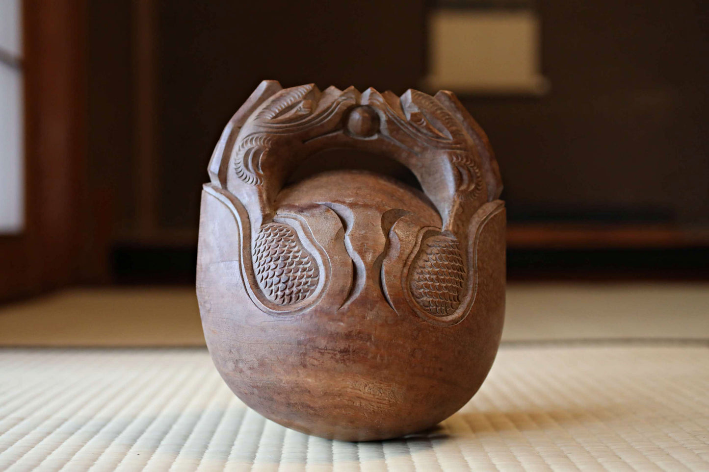 Japanese vintage buddhist alter Patina Wooden Fish drum gong "Mokugyo" with stick and cushion buddhist temple Chanting Drum 8.1in/20.5cm